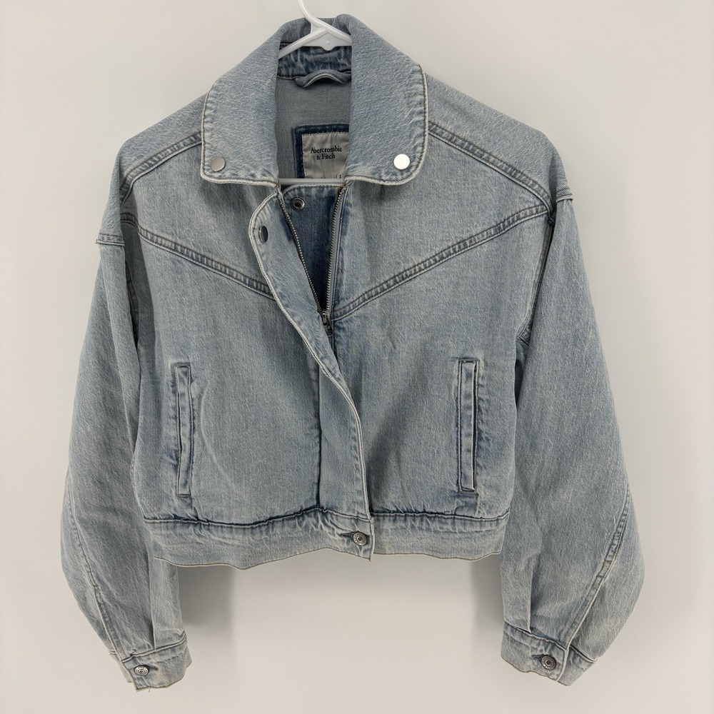 Abercrombie & Fitch Cropped Denim Jacket Light Wash Moto Biker Stretch Women S